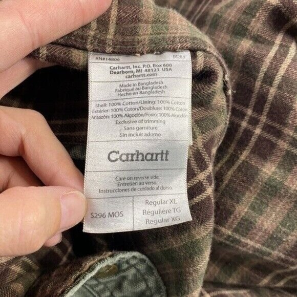 Vintage Carhartt Green Flannel Lined Snap Button Up Canvas Shirt Size XL Grunge - Picture 4 of 12